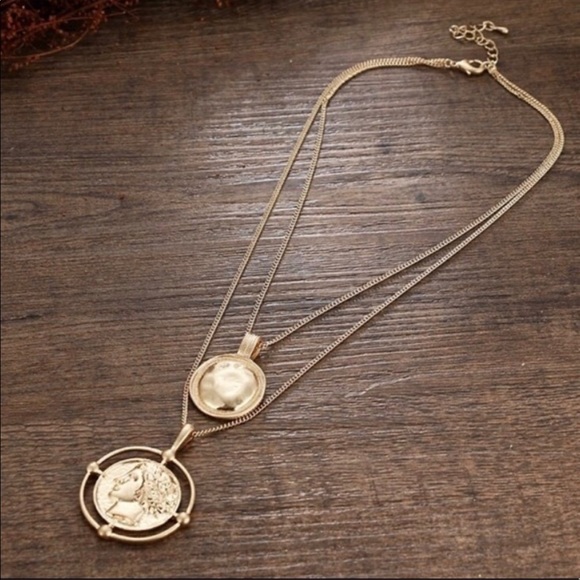 18K Gold Coin Pendant Double Chain Necklace New - Picture 2 of 3